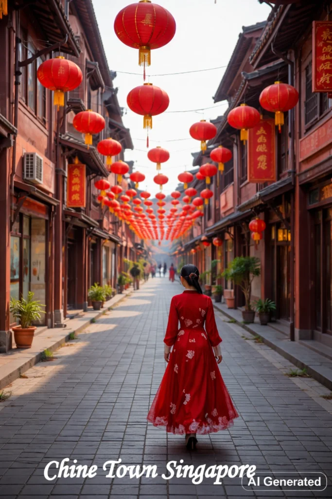 A woman in a traditional red dress walking down a lantern-lined street in Chinatown, one of the top cultural places to visit in Singapore.