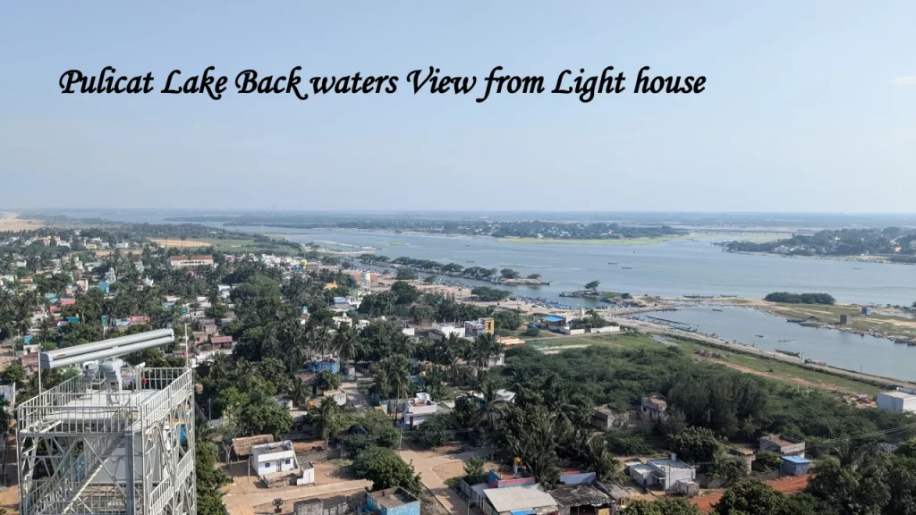 Aerial panoramic view of the Pulicat Lake backwaters and Pazhaverkadu village as seen from the top of the Pulicat Lighthouse, showing the water channels and coastal vegetation.