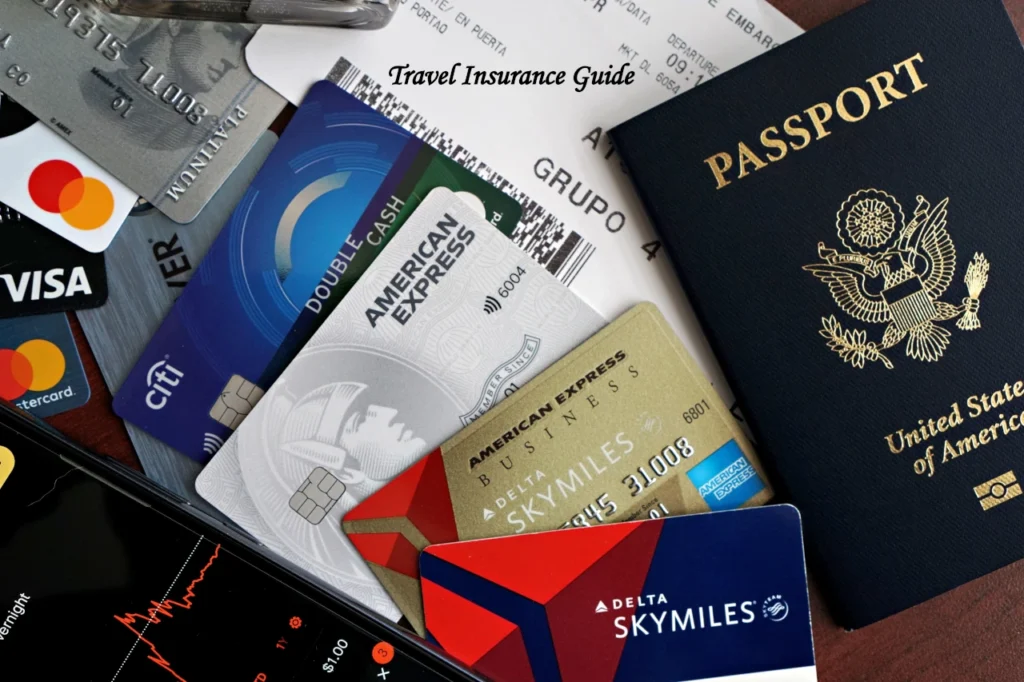 n overhead view of international travel essentials including an American passport, multiple credit cards, and a boarding pass, illustrating travel insurance and financial protection for Indian travelers-Travel-insurance