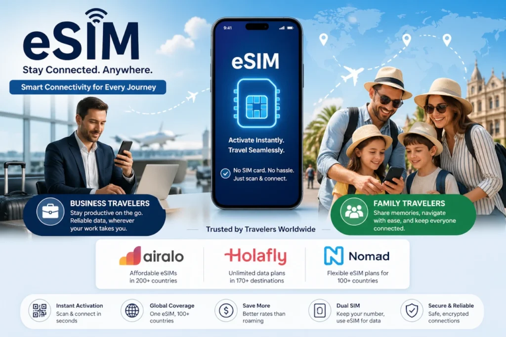 An infographic for Ryde Travel showing a business traveler working at an airport and a family traveling together, both using a central smartphone displaying an active eSIM next to plan logos for Airalo, Holafly, and Nomad.