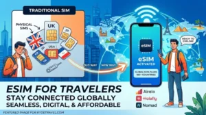 An infographic comparing a frustrated traveler with traditional physical SIM cards to a happy traveler using an activated eSIM for global data plans across 190+ countries with Airalo, Holafly, and Nomad
