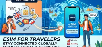 An infographic comparing a frustrated traveler with traditional physical SIM cards to a happy traveler using an activated eSIM for global data plans across 190+ countries with Airalo, Holafly, and Nomad