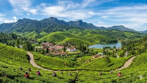Lush green tea plantations and a scenic lake in the Nuwara Eliya hill station of Sri Lanka, a perfect highland destination to visit alongside a coastal whale watching tour.