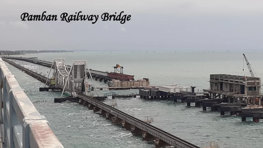 The old and new Pamban Railway Bridges over the Palk Strait near Rameswaram, captured from the parallel road bridge—an engineering marvel to visit in TamilNadu.