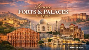 An AI-generated collage banner titled Iconic Forts and Palaces of India, featuring a sunset view of Hawa Mahal, Taj Mahal, Mysore Palace, and Mehrangarh Fort.