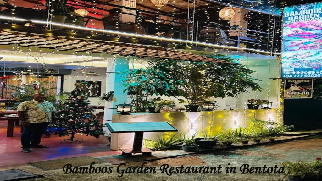 Exterior view of Bamboos Garden, one of the popular restaurants near Bentota, beautifully lit up with fairy lights and holiday decorations at night.
