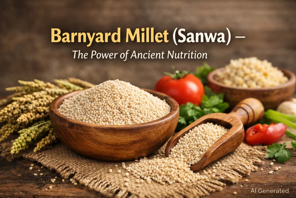 Raw Barnyard millet grains piled high in a wooden bowl with a wooden scoop on a burlap cloth, accompanied by fresh vegetables, titled "Barnyard Millet (Sanwa) – The Power of Ancient Nutrition."