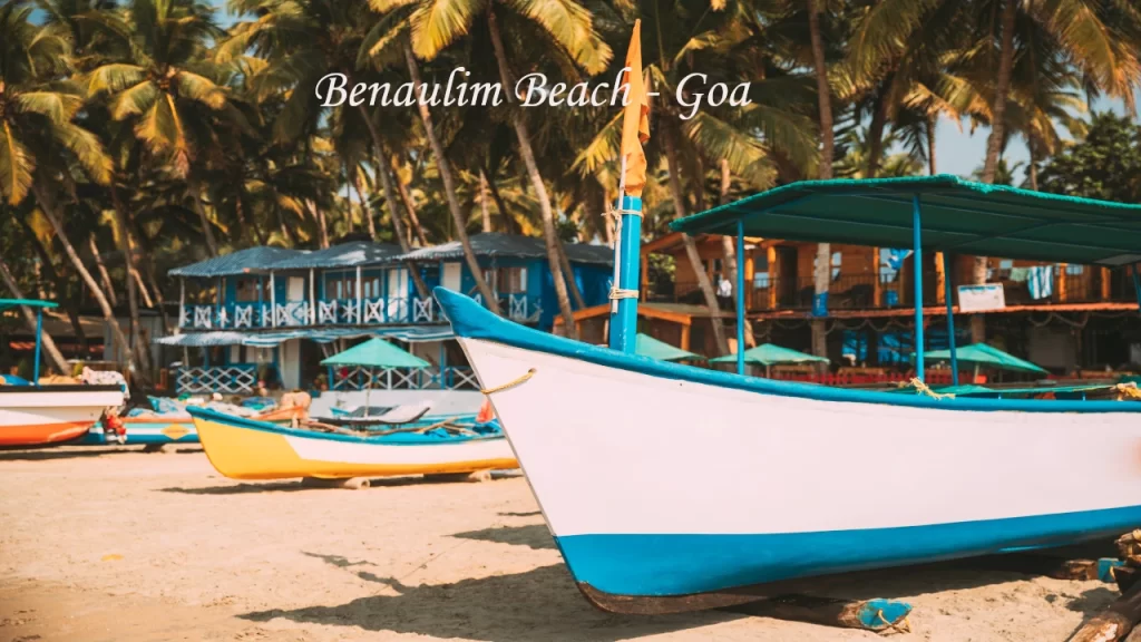 Traditional fishing boats on Benaulim Beach, a calm and family-friendly beach in South Goa