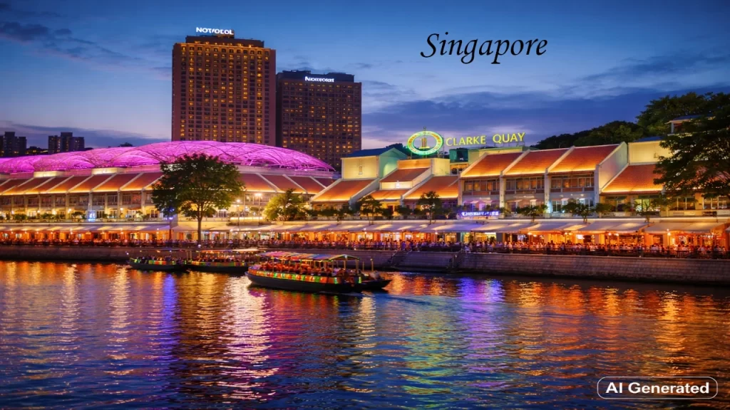 Traditional tourist riverboats passing brightly lit historic warehouses and dining venues along Clarke Quay, emphasizing nightlife places to visit in Singapore.
