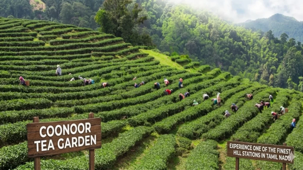 Tea garden workers hand-picking Nilgiri tea leaves across vast terraced slopes in Coonoor, one of the greenest and most visited hill stations in Tamil Nadu