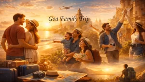 Happy families with children, luggage, travel map and camera at a Goa beach sunset planning a perfect Goa with Family holiday