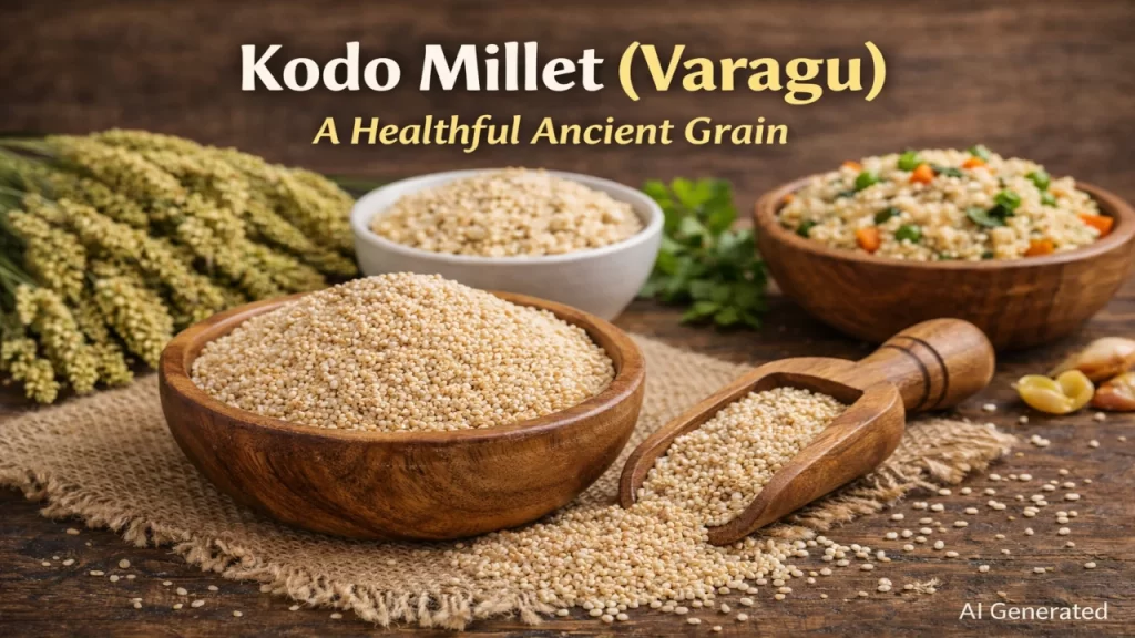 Wooden bowls filled with raw Kodo millet grains and a wooden scoop, with a bowl of cooked vegetable millet pulao in the background, titled "Kodo Millet (Varagu) A Healthful Ancient Grain."