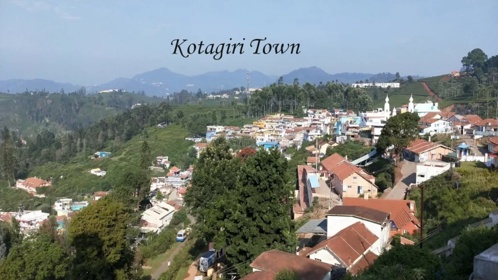 Aerial view of Kotagiri Town nestled in the Nilgiri Hills, a serene and lesser-known hill station in Tamil Nadu surrounded by tea estates and mountains
