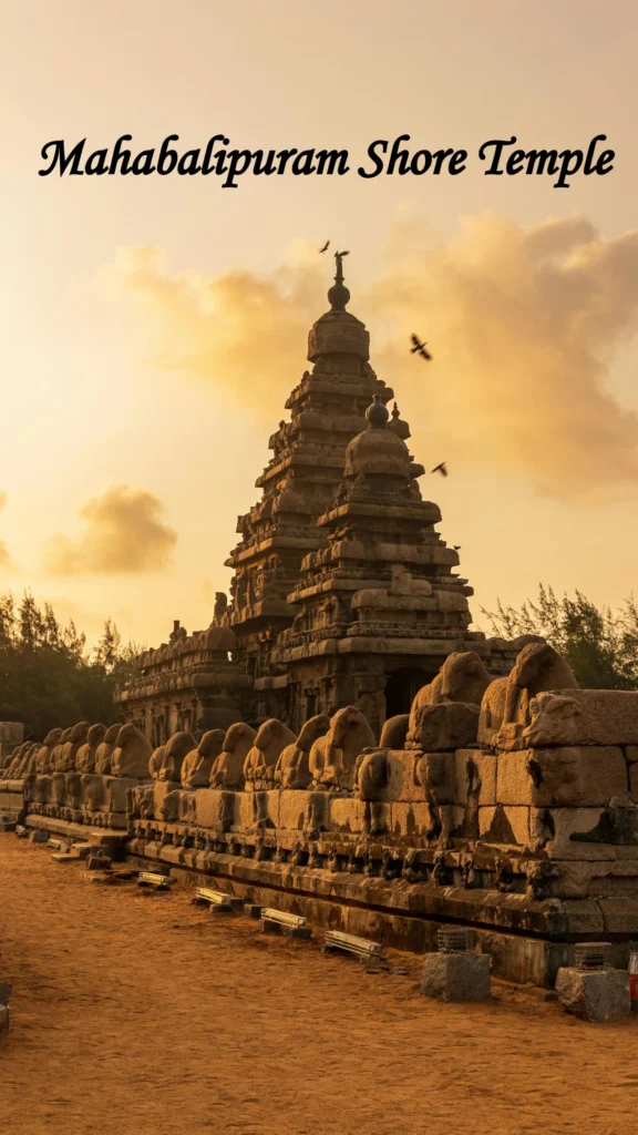 The historic Shore Temple in Mahabalipuram at sunset, an iconic stopover when exploring coastal places to visit in Pondicherry and its surroundings