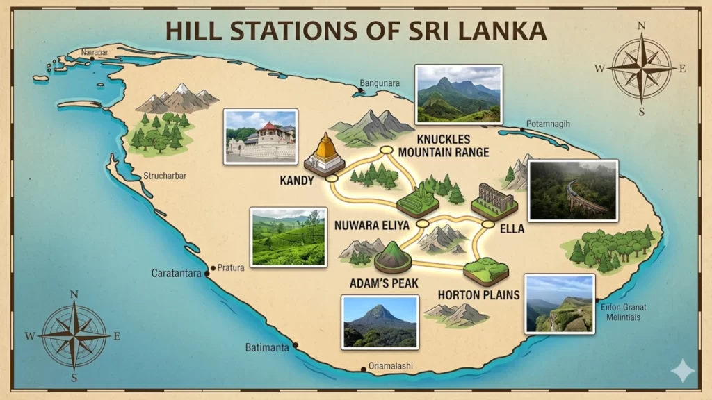 An illustrated travel map showcasing the popular hill stations in Sri Lanka, including Kandy, Nuwara Eliya, Ella, Knuckles Mountain Range, Adam's Peak, and Horton Plains.