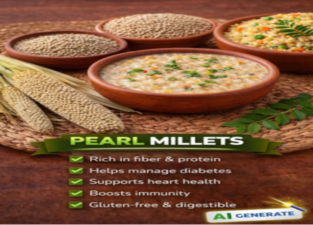 An infographic listing the health benefits of pearl millets, showcasing bowls of cooked millet porridge, grains, and raw crops on a rustic wooden table.