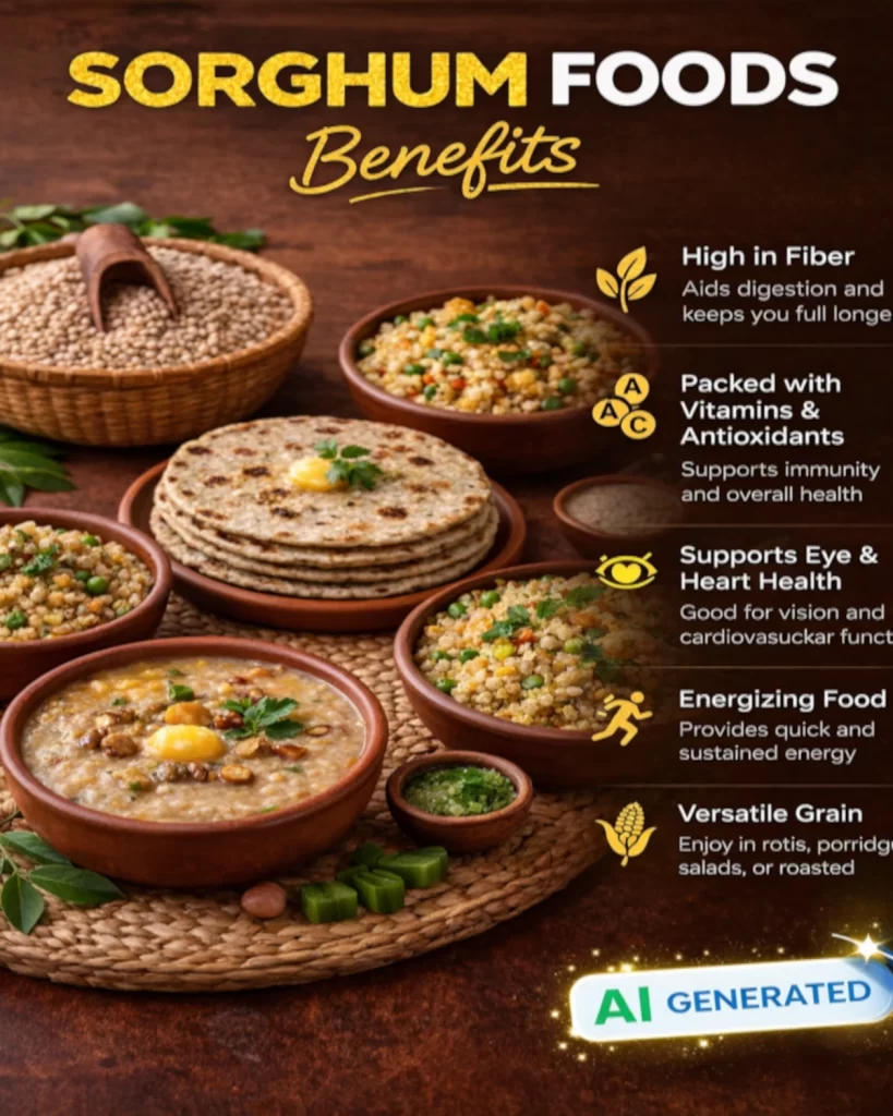 An infographic detailing sorghum foods benefits, a prominent type of millets, highlighting nutritional facts like high fiber and antioxidants alongside dishes like rotis and porridge.