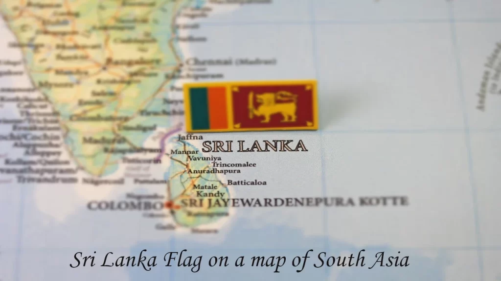 Sri Lanka national flag pinned on a South Asia map showing Colombo and Indian coastline — geography context for Sri Lanka Visa applicants from India