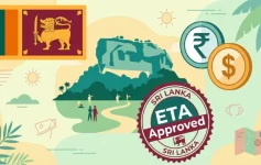 Illustrated Sri Lanka Visa ETA Approved stamp with Sri Lankan flag, Sigiriya rock, and Indian Rupee and US Dollar coins for Indian travelers