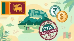 Illustrated Sri Lanka Visa ETA Approved stamp with Sri Lankan flag, Sigiriya rock, and Indian Rupee and US Dollar coins for Indian travelers