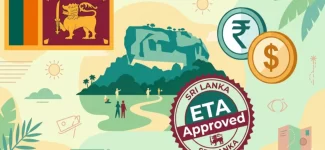 Illustrated Sri Lanka Visa ETA Approved stamp with Sri Lankan flag, Sigiriya rock, and Indian Rupee and US Dollar coins for Indian travelers