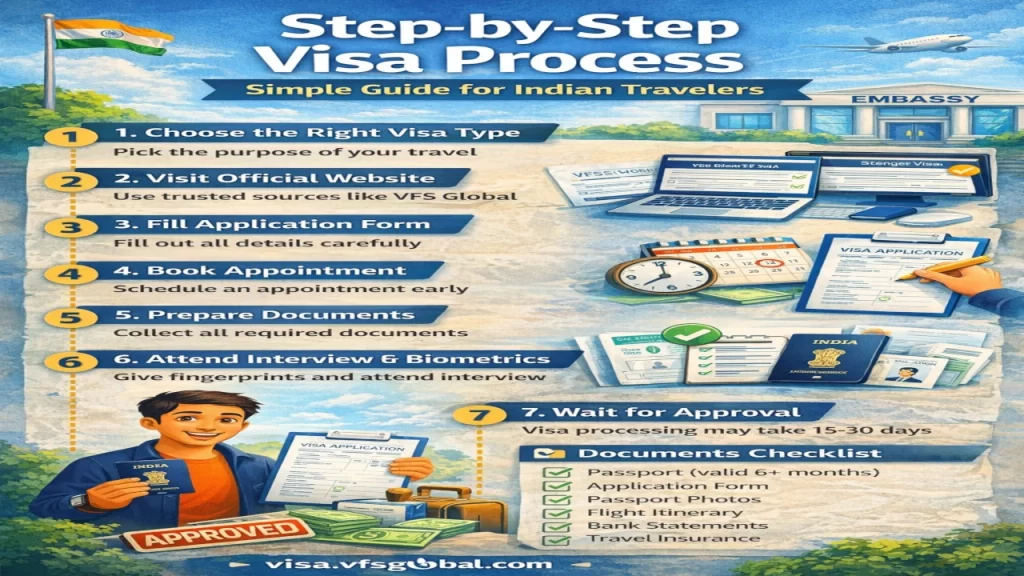 A detailed infographic detailing the 7-step visa process for Indian travelers, from choosing the visa type to waiting for final approval.