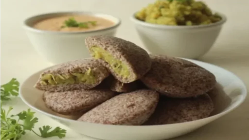 A plate of healthy stuffed idlis made from millets, cut open to show a savory potato filling, served with chutney.