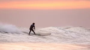 A side view of a surfer balancing on a longboard while riding a rolling ocean wave at sunset, highlighting classic coastal water sports in Bentota.