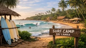Wooden Surf Camp Sri Lanka sign beside surfboards on a tropical beach with surfers riding waves