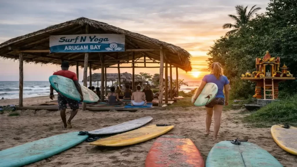 Surfers carrying boards toward a sunset yoga session at Surf N Yoga Arugam Bay surf camp in Sri Lanka
