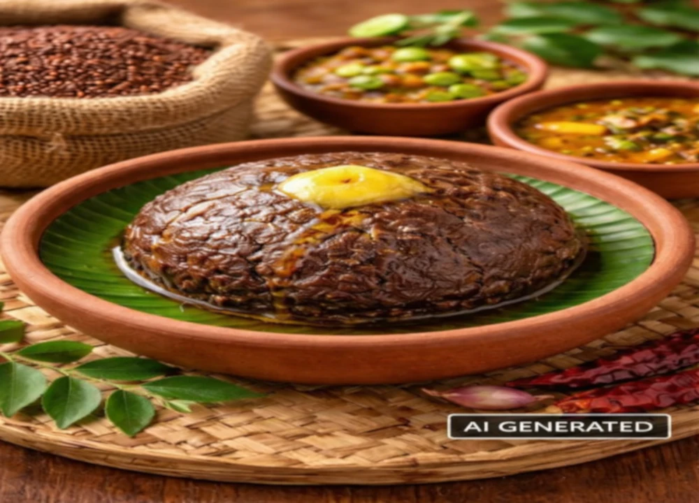 A traditional South Indian ragi mudde made from finger millets, served on a banana leaf inside a clay bowl topped with ghee, with curries in the background.