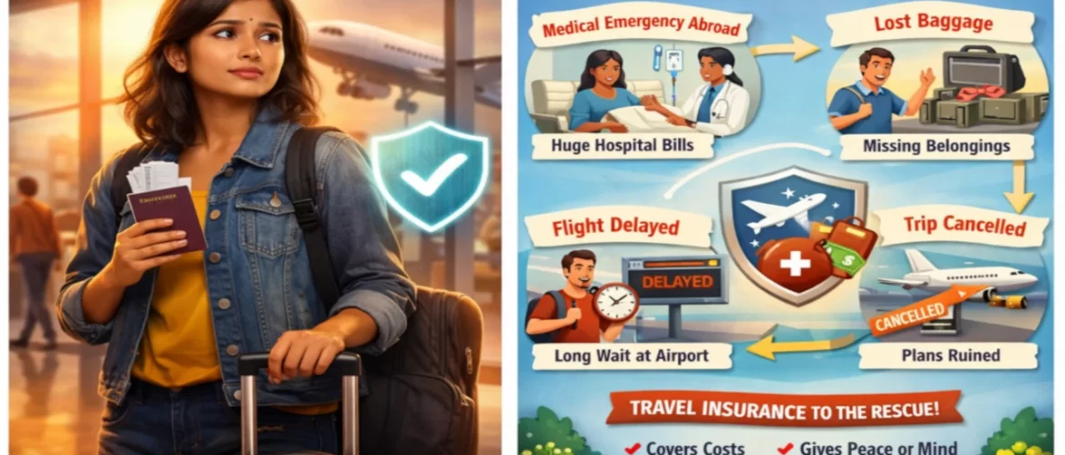 An infographic highlighting why to never travel without insurance alongside a woman with a suitcase at an airport terminal, showcasing the benefits of securing Travel Insurance.