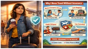 An infographic highlighting why to never travel without insurance alongside a woman with a suitcase at an airport terminal, showcasing the benefits of securing Travel Insurance.