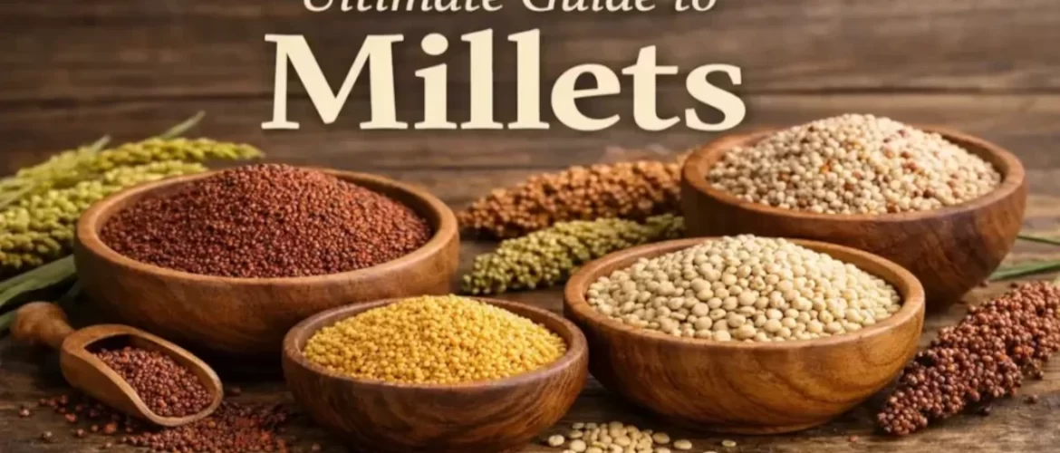 Ultimate guide to millets featuring finger millet, sorghum, foxtail millet, and pearl millet in rustic wooden bowls.