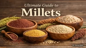 Ultimate guide to millets featuring finger millet, sorghum, foxtail millet, and pearl millet in rustic wooden bowls.