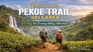 A blog banner graphic titled Ultimate Pekoe Trail Sri Lanka: A 7-Day Tea Country Hiking Adventure, featuring two hikers walking through a lush green tea plantation toward a waterfall.