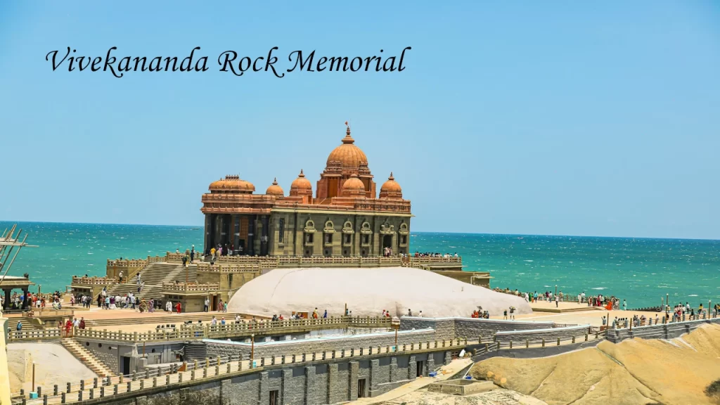 The iconic Vivekananda Rock Memorial surrounded by the blue ocean, a landmark attraction for Kanyakumari Tourism.