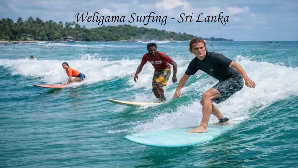 Three surfers riding waves together during a surfing lesson at a surf camp in Weligama, Sri Lanka