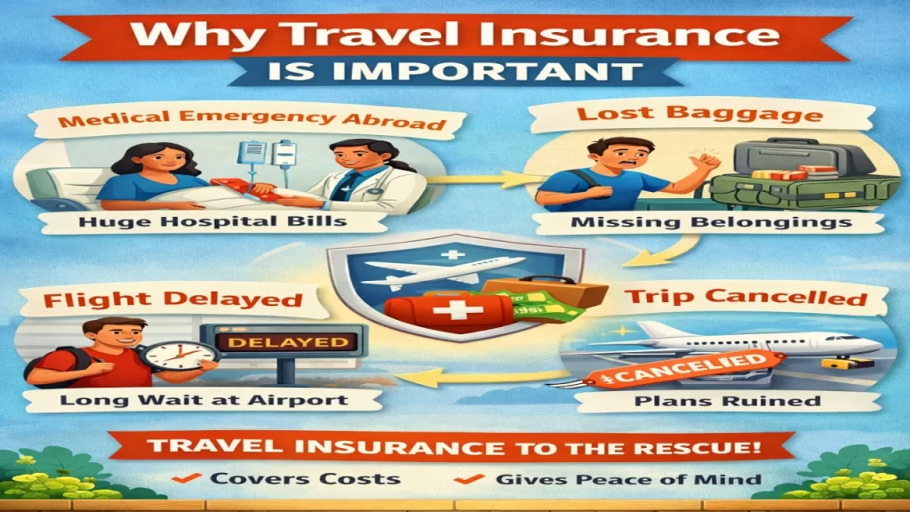 An informative infographic titled Why Travel Insurance Is Important, illustrating scenarios like medical emergencies, lost baggage, flight delays, and cancelled trips.
