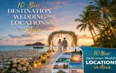 Couple standing at a floral beach wedding arch at sunset featured image for 10 best destination wedding locations in Asia 2026