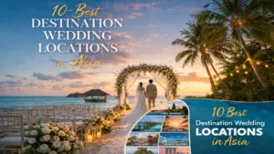Couple standing at a floral beach wedding arch at sunset featured image for 10 best destination wedding locations in Asia 2026