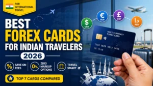 Banner displaying top Forex cards for Indian travelers with support for USD, EUR, GBP, and AED currencies plus zero markup benefits.