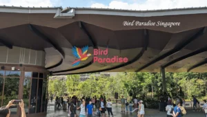 Visitors gathering at the main entrance of Bird Paradise Singapore under a large modern canopy with the colorful park logo