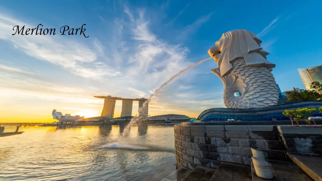 Merlion Park fountain with Marina Bay Sands at sunrise in Singapore, showcasing famous attractions often visited alongside Bird Paradise Singapore.