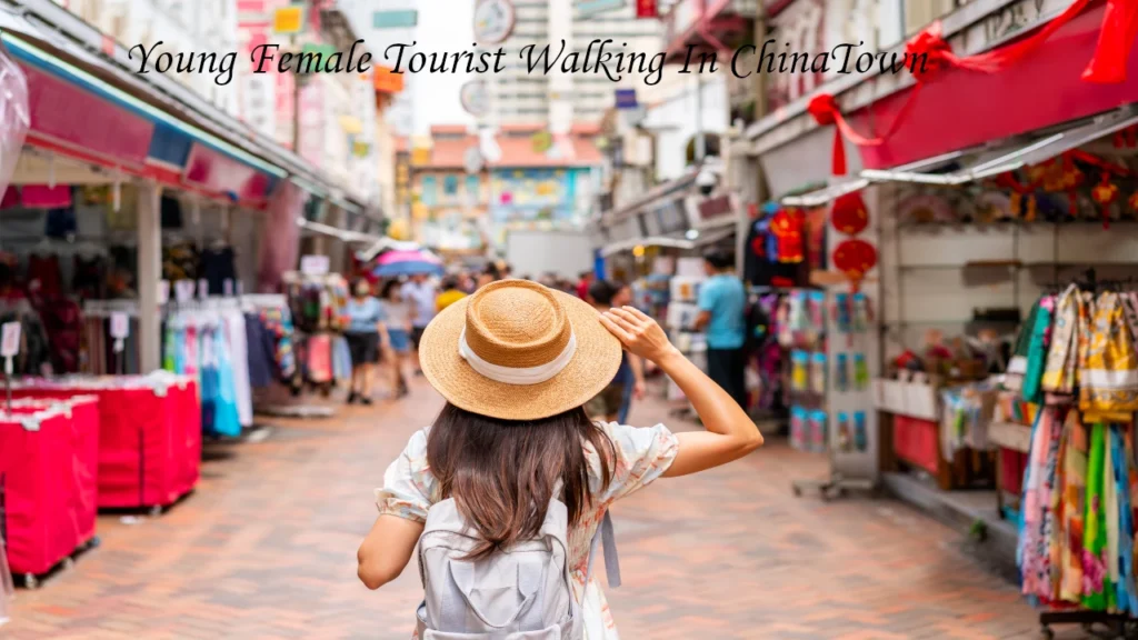A female traveler with a backpack exploring souvenir stalls on Chinatown Market Street, one of the top cultural places to visit in Singapore