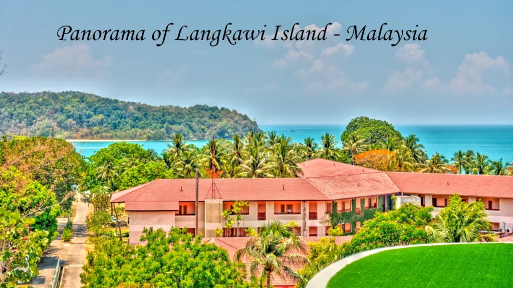 Panoramic view of a Langkawi beachfront resort amid tropical palms and the turquoise Andaman Sea, a top destination wedding retreat in Malaysia.