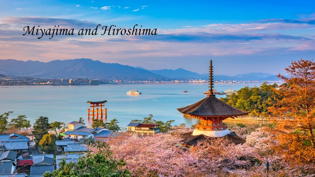 Scenic Miyajima Island with Itsukushima torii gate, pagoda, and cherry blossoms, a highlight of a 7 days tour in Japan.