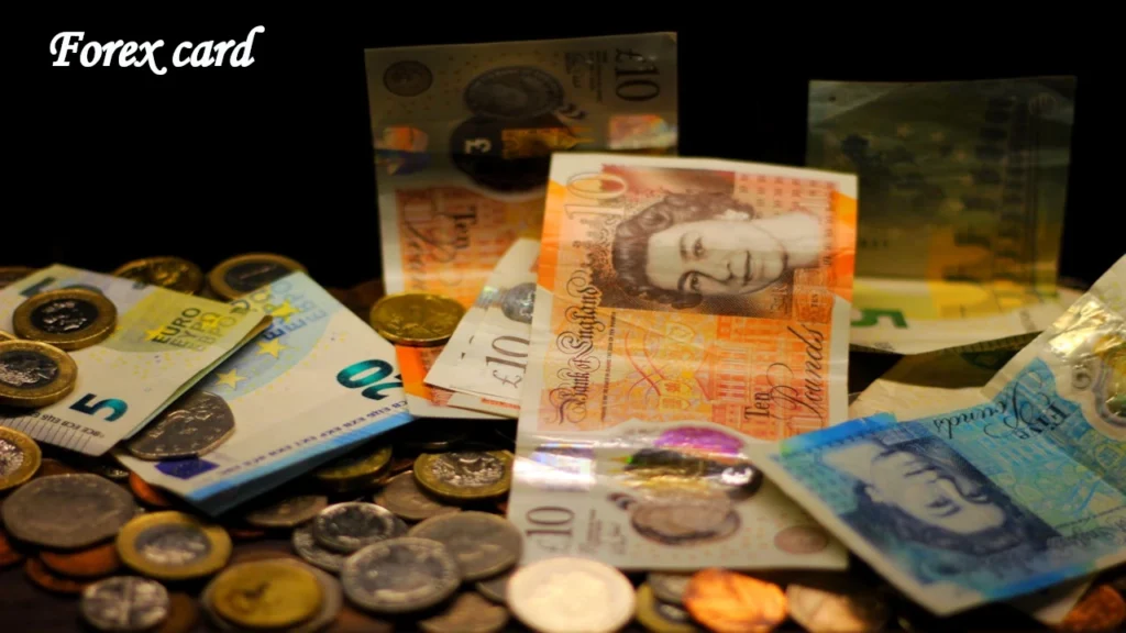 International banknotes and coins including British Pounds and Euros displayed for multi currency Forex card travel use.