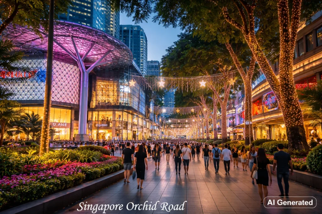 Crowds stroll along Orchard Road at night, with retail malls and festive tree lights, making it one of the top places to visit in Singapore