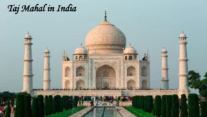 Travel to the iconic Taj Mahal in India, featuring white marble architecture, reflecting pools and gardens, a world famous landmark.